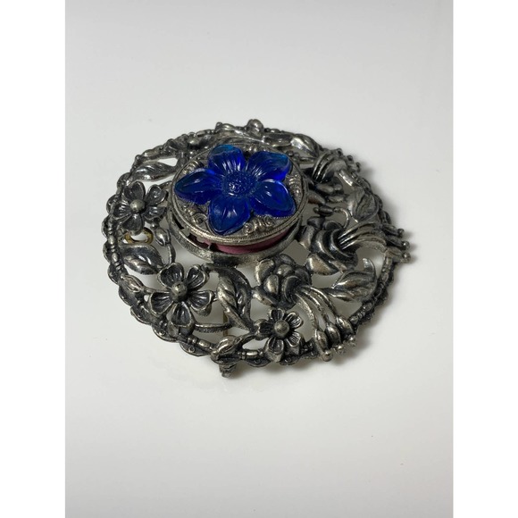 Vintage Filigree Blue Flower Brooch Pendant Secret Perfume Compartment Orig. Pkg - Picture 7 of 10